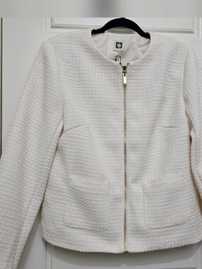 Anne Klein Cream Textured Zip-Up Blazer